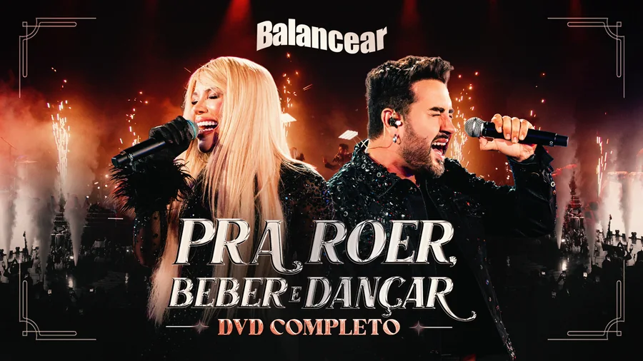 Arte oficial do DVD Pra Roer, Beber e Dançar, com Jack Lins e Léo Lira no palco.